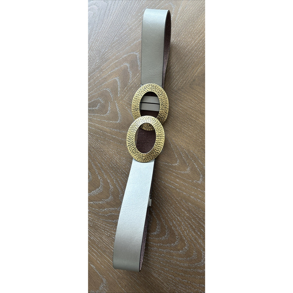 Chicos Womens M/L Genuine Leather Belt Metallic Gold Hammered Double Oval Buckle